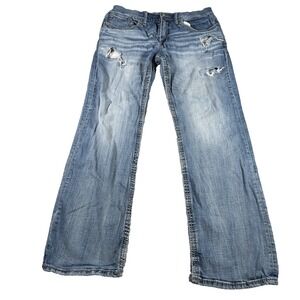 BKE Buckle Mens Jake Straight Leg Blue Jeans 33 X 32 (FITS 32 X 31) Holes Denim